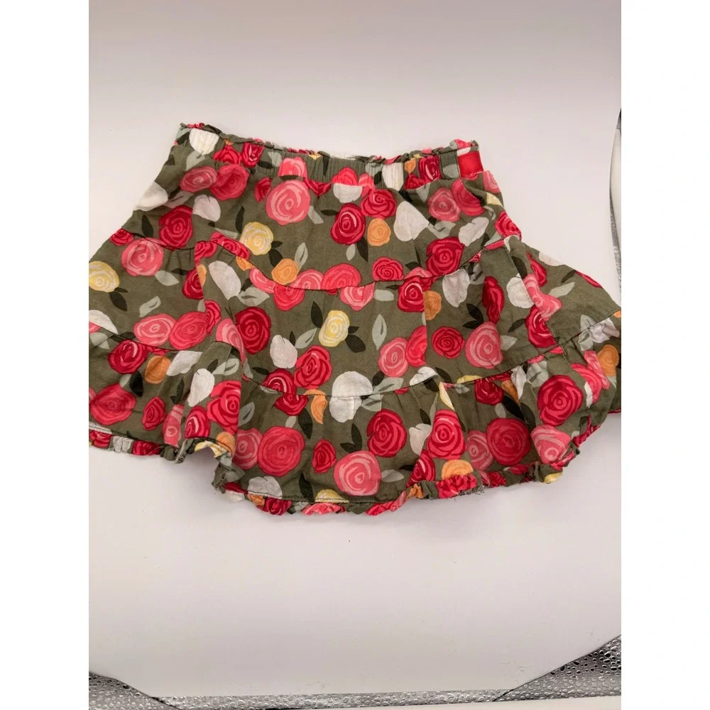 Gymboree‎ Tiered Ruffle Skirt Girls 12-18M Olive Green Rose Floral Cotton Bow